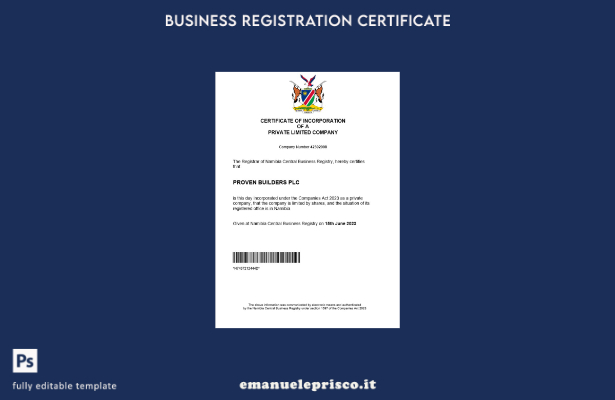 Certificato di registrazione della società Namibia in stile verificato Modello W